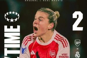  女足欧冠阿森纳主场2-1逆转皇马，鲁索梅开二度